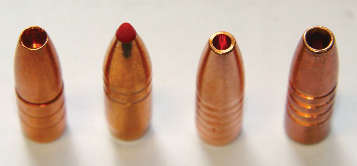 Shown here are the tips of the test bullets used to assemble lead-free 30-30 Winchester rounds. Three have large hollowpoints that essentially encircle the primer; Hornady’s red polymer tip is soft enough to prevent primer detonation in tubular magazines.
